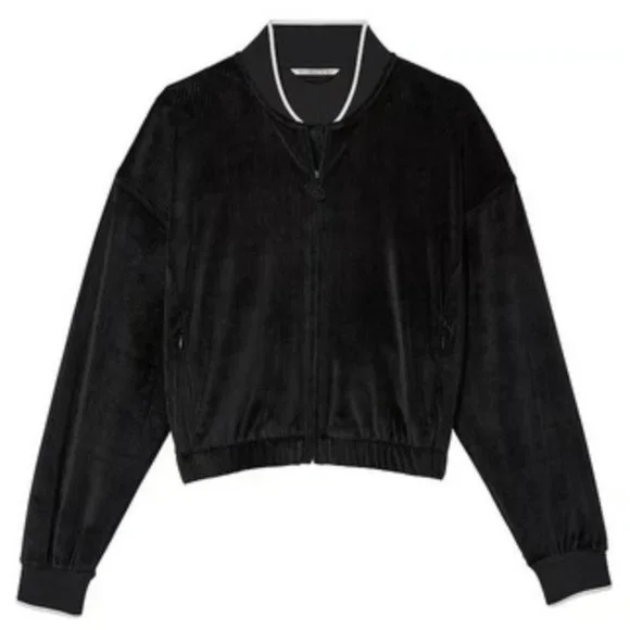 VICTORIA'S SECRET Black/White Velour Velvet Ribbed Bomber Jacket SZ XL**NEW! - Picture 3 of 7